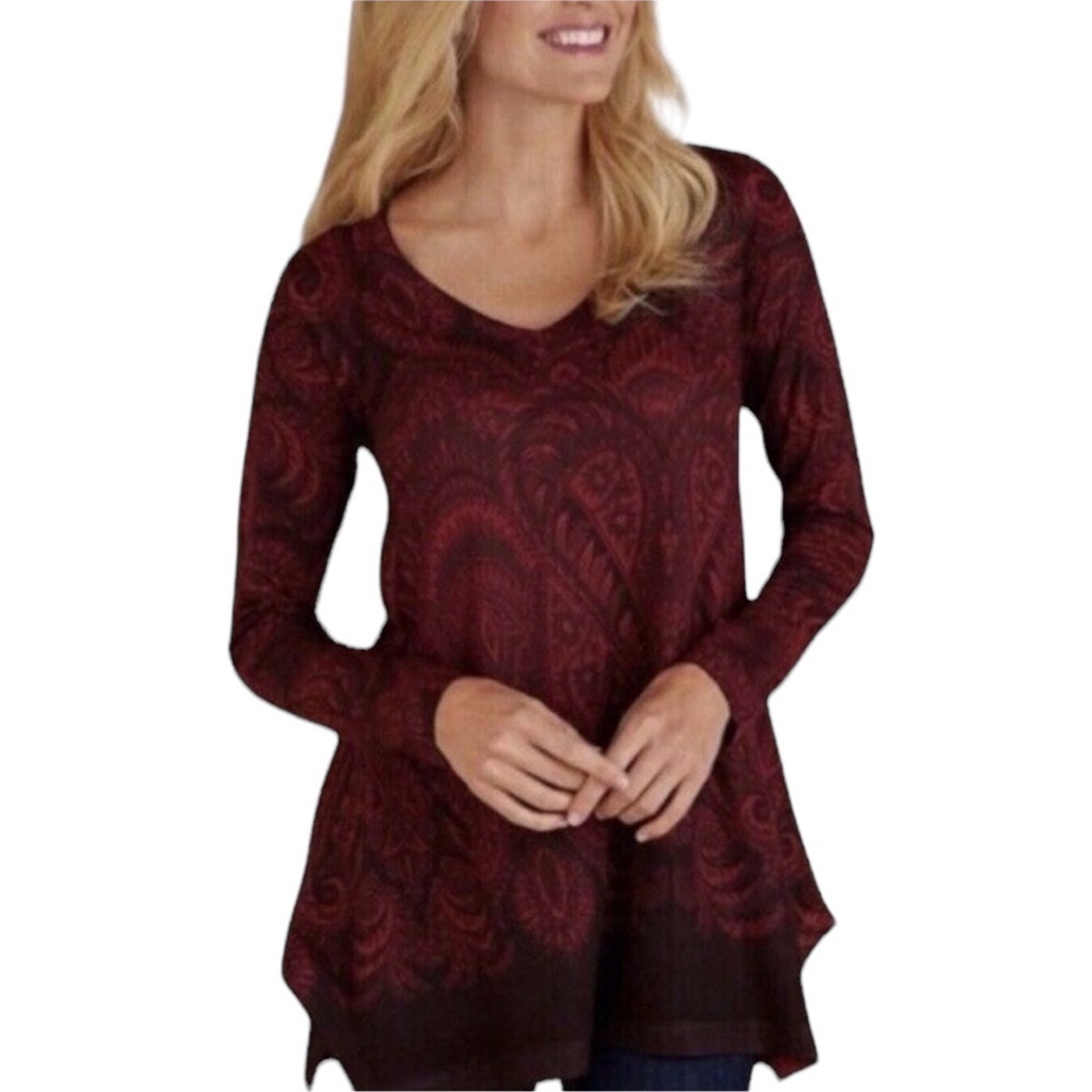 Soft Surroundings Nikita Red Black Paisley top. Size Large.